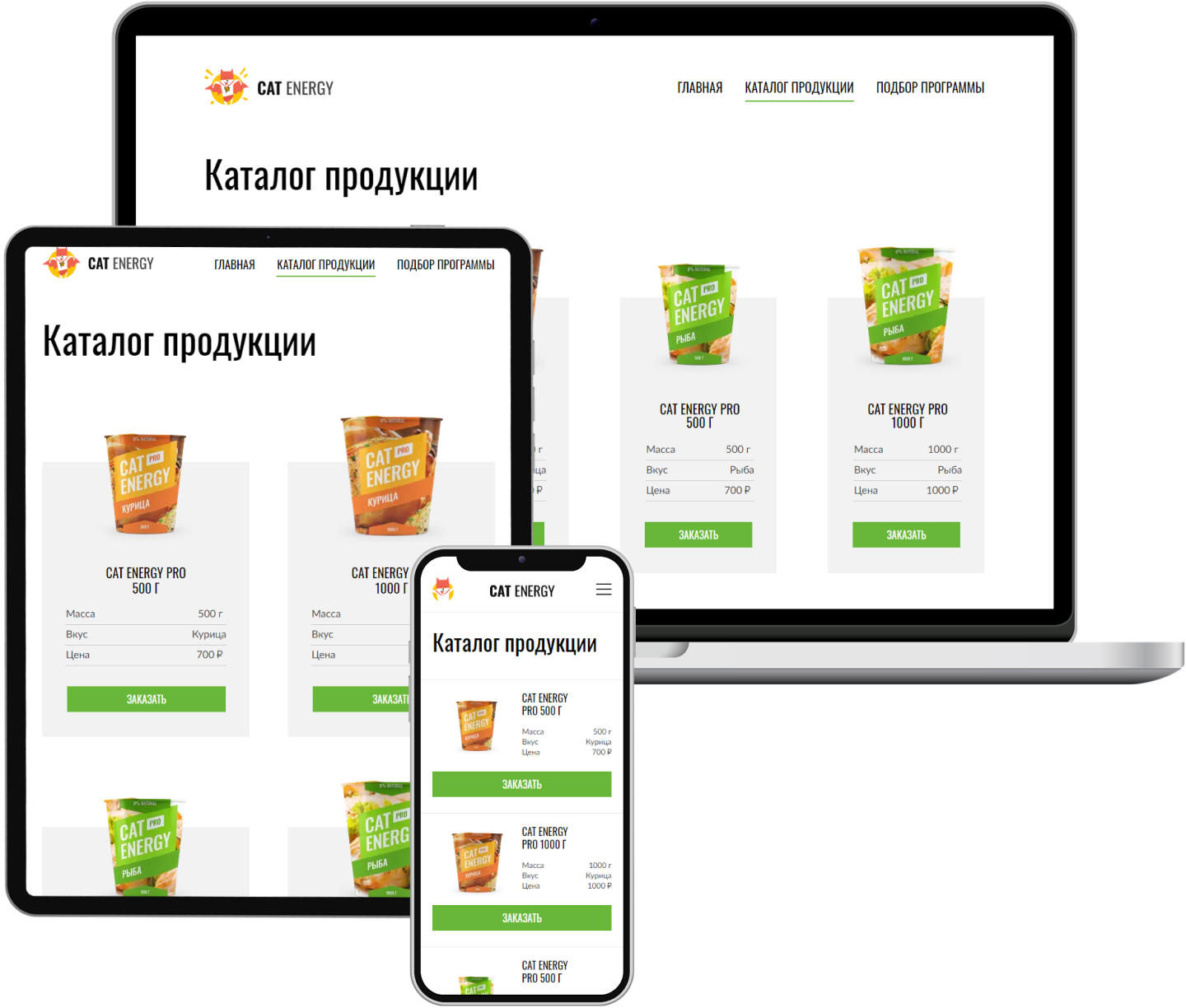 Страница каталога Кэт Энерджи на трех устройствах. Смартфон, планшет, компьютер.